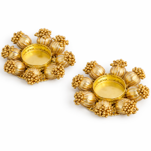 Golden Beaded Flower Metal Tealight Holder | Handcrafted Pooja & Diwali Decor
