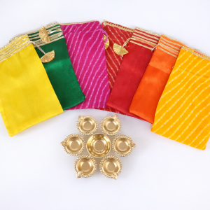 Brass Finish Metal Diya Urli with Potli Bag|Diwali, Pooja & Festive Decor