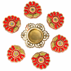 Handcrafted Metal Rangoli Tealight Holder Set | Red & Green Petal Stone Décor