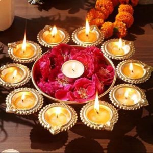 Golden Brass Pooja Thali with Deepam Holders