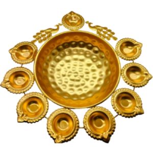 Golden Brass Pooja Thali with Deepam Holders