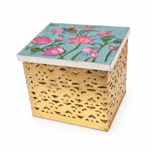 Handcrafted Pichwai Cow Metal Storage Box with Lid