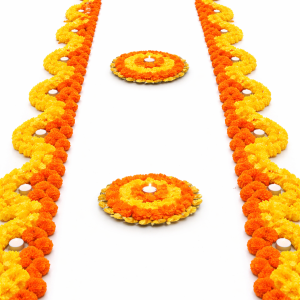Artificial Marigold Flower Rangoli Mat set with Tealight Holder