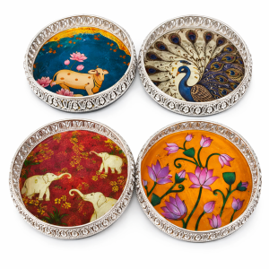 Pichwai Print Metal Tray in German Silver Style for Pooja Deco