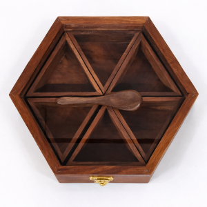 Handmade Mango Wood Spice Box with Glass Lid | Hexagon Design Masala Dabba | Kitchen Organizer
