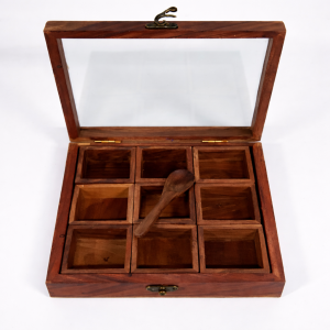 Handmade Mango Wood Spice Box with Glass Lid | Triangle Masala Dabba | Kitchen Organizer