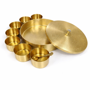 Handmade Brass Masala Dabba Spice Box Set with Lid & Spoon | Round 7-Container Kitchen Organizer
