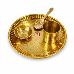 Brass Flower Design Pooja Thali Set | 4 Pcs | 5 Inch
