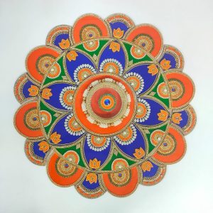 18 inch Acrylic Rangoli with 34 pieces in green, blue, orange colors ready for clearance pick. limited stock