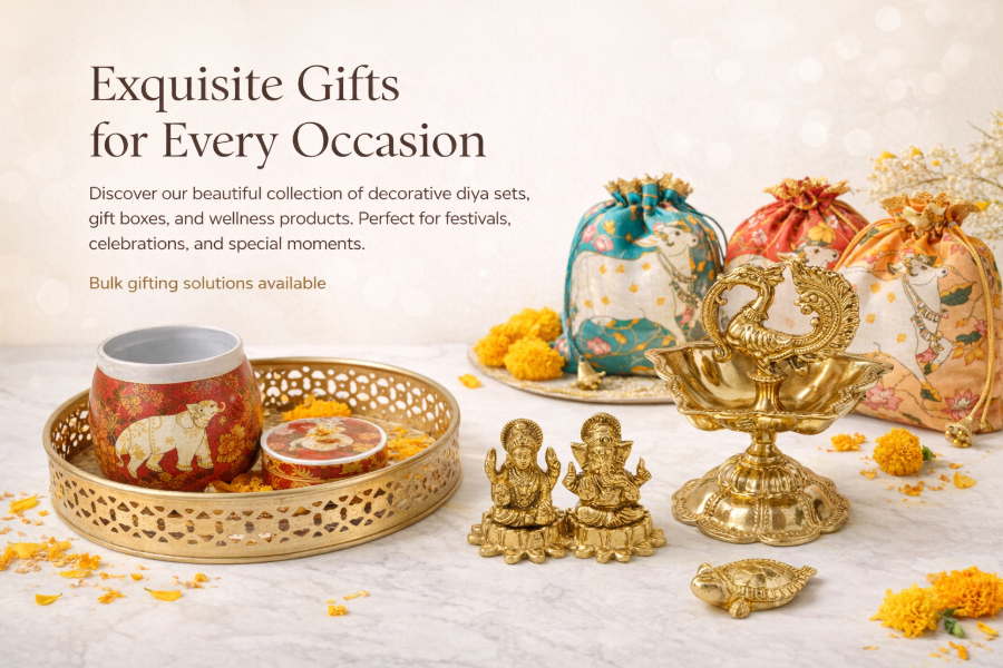 Variety of gifts, pooja items displayed.