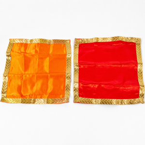 Silk Pooja Aasan Mat Set Gold Border (Set of 2, 13x13 Inch)