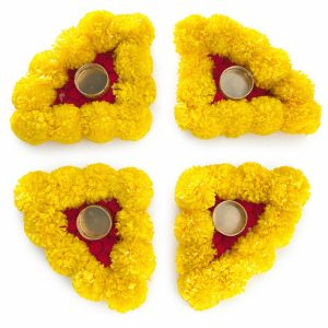 Artificial Marigold Rangoli Mat with Rajasthani Golden Gota & Tealight Holder, Best for Festive Décor
