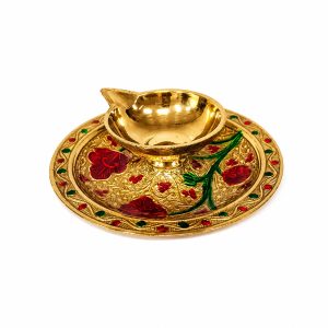 Brass Diya Oil Lamp with Decorative Printed Metal Plate | Pooja Aarti Set