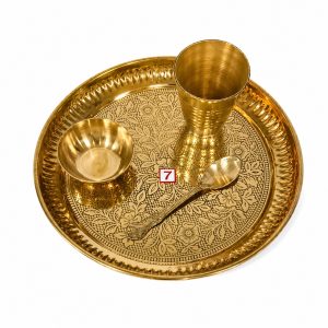 Brass Flower Embossed Pooja Thali Set | Plate, Bowl, Glass & Spoon (4 Pcs)