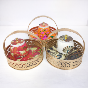 Pichwai tray with matching jar. The tray comes with handle.