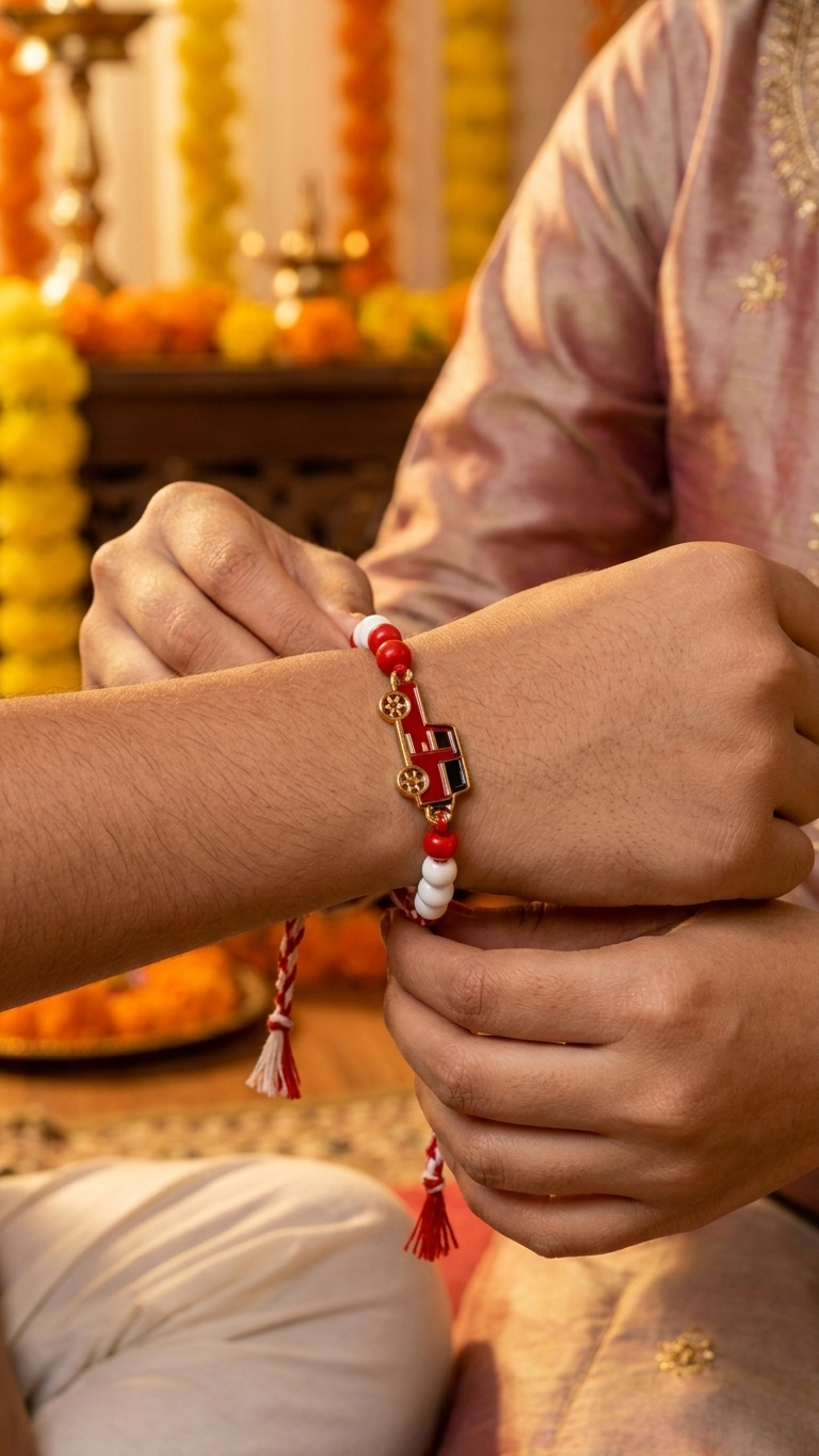 A sister ties a Jeep Rakhi on her brother's wrist.