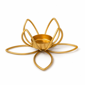 Side view of lotus shaped metal tea light holder.