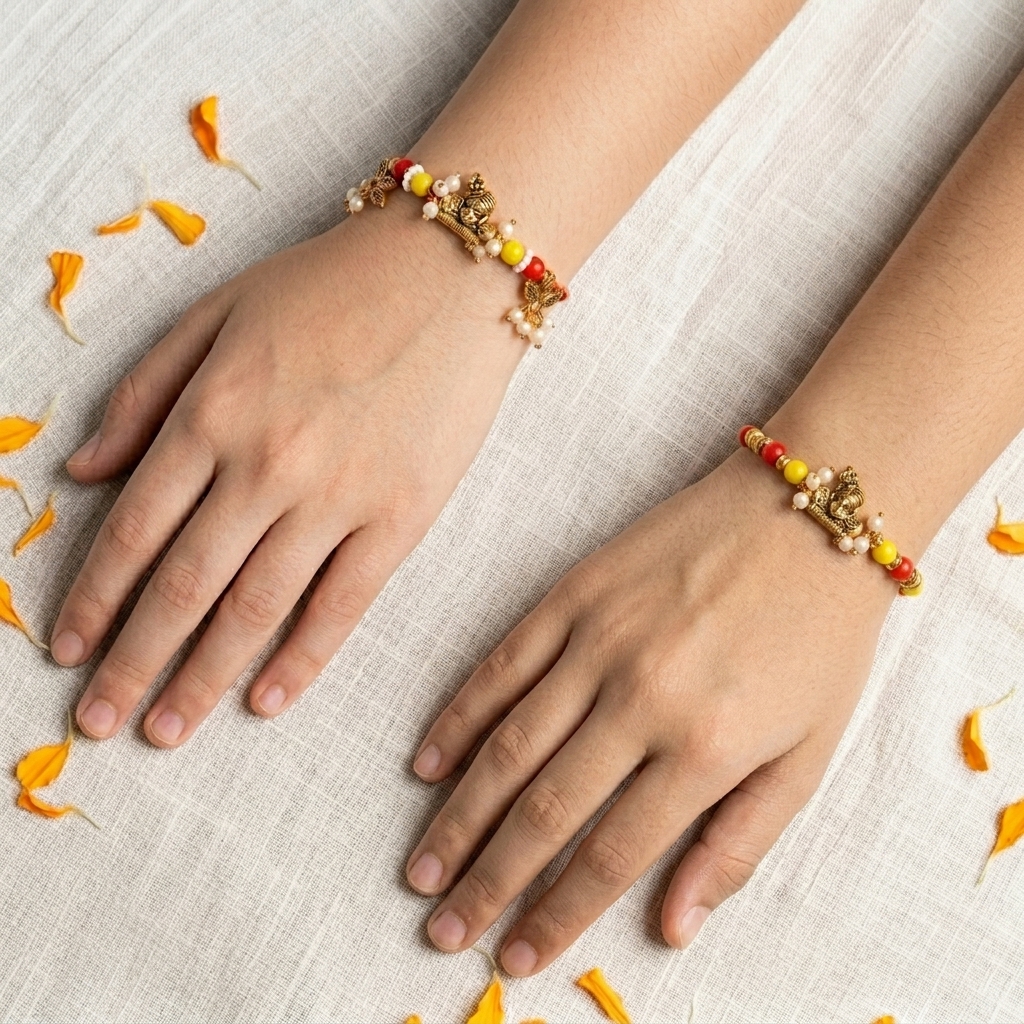Baby Krishna rakhi set tied on kids' wrists
