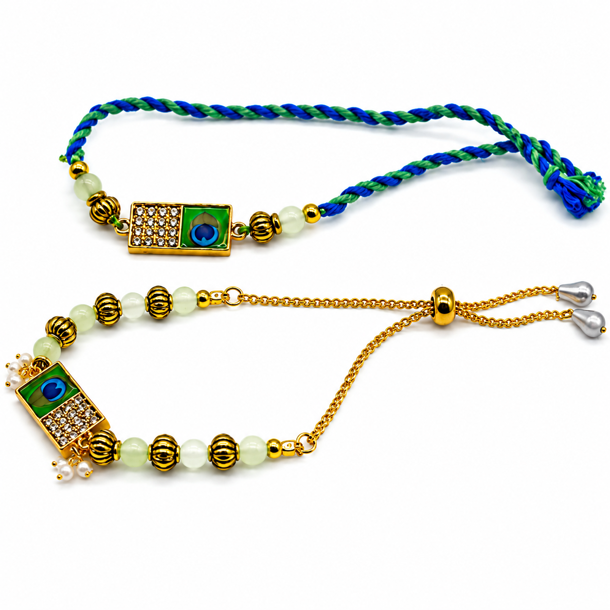 Rectangle peacock design bhaiya bhabhi rakhi side view.