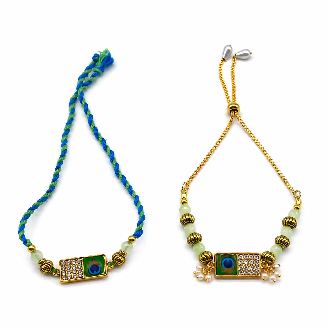 Rectangle peacock design bhaiya bhabhi rakhi front view.
