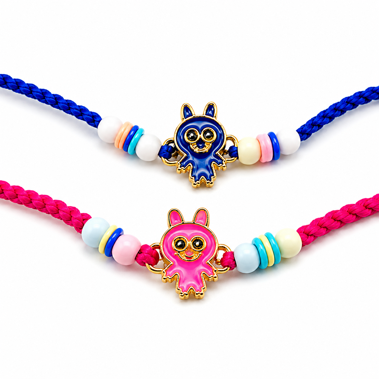 Closeup view of Labubu rakhi for kids.