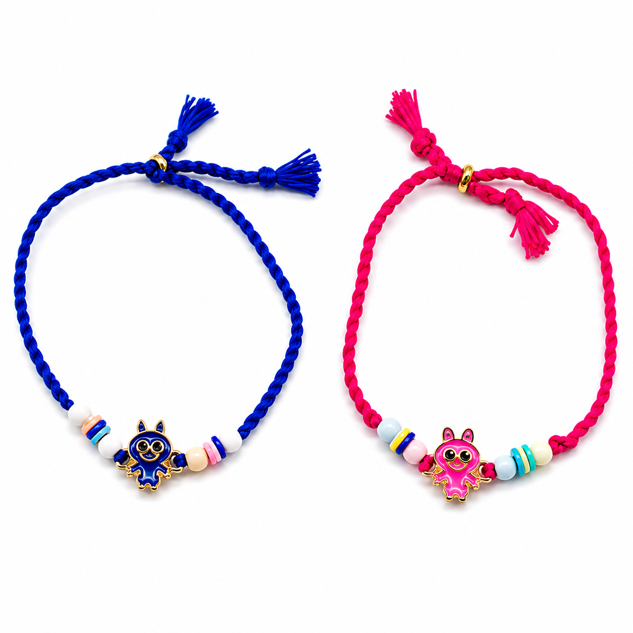 Front view of blue and pink Labubu rakhi with beads.