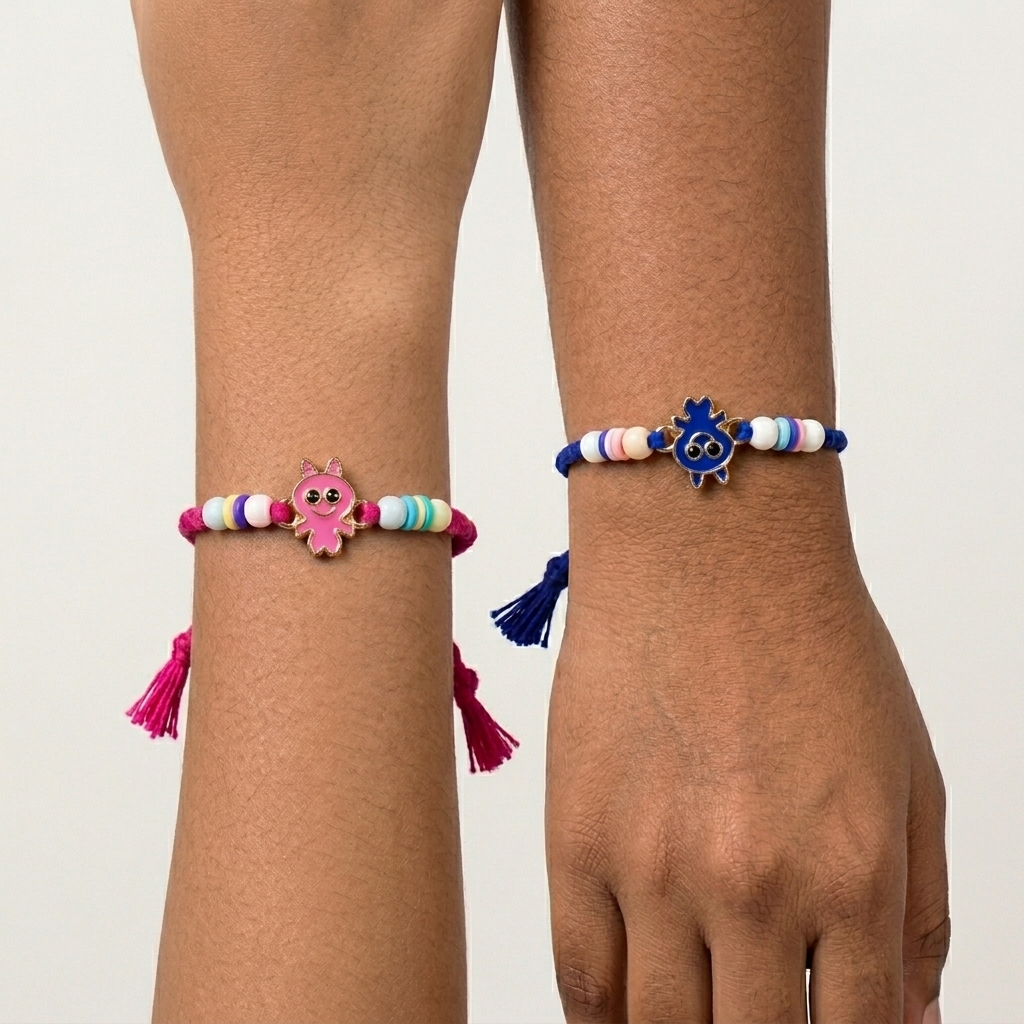 Labubu rakhi tied in kids' wrist.