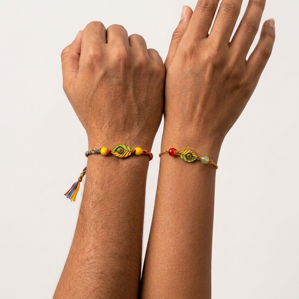 Models wearing Leaf design rakhi lumba set.