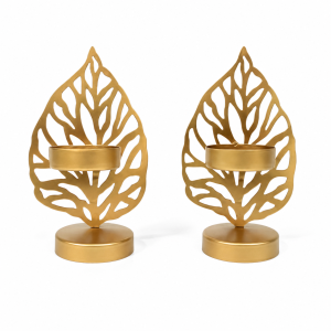 Leaf design metal tealight candle holder front view