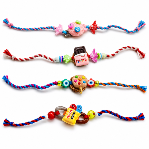 Assorted designs of M & M theme rakhis.