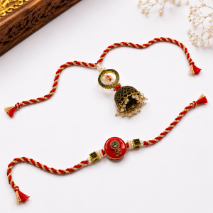 Om rakhi and Jhumka lumba set in red and gold thread.