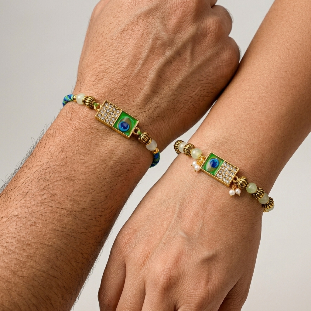 Models wearing rectangle peacock design bhaiya bhabhi rakhi.