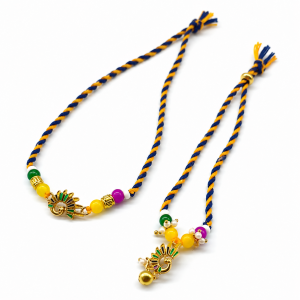 Peacock style rakhi with yellow, pink and green beads.