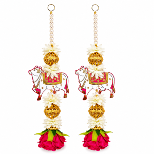 Full view of Pichwai cow wall hanging with artificial flowers, beads.