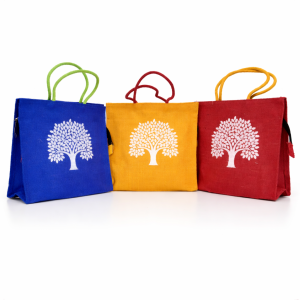 Front view of jute bag with tree print with handle and zip