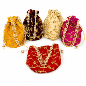 silk potli bags in assorted colors.