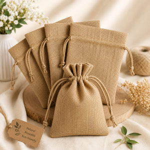 Jute drawstring bags displayed on a table