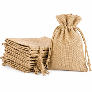 A bunch of Jute potli bags placed one upon another for display.