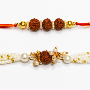 Close-up view of Rudhraksha rakhi set.