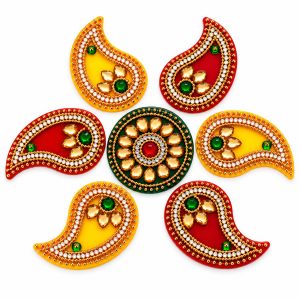 Acrylic Kundan rangoli set featuring a central circular floral medallion surrounded by six colorful paisley motifs.