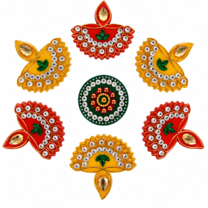 A 7-piece handcrafted acrylic kundan rangoli set featuring red and yellow diya-shaped pieces adorned with decorative jewel stones and a central circular motif.