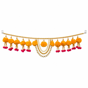 A traditional artificial flower toran decorated with white pearls, hanging beads, and pink floral accents.
