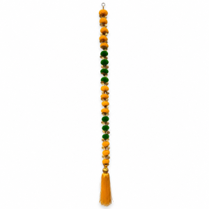Yellow and green pom-pom decorative hanging string with a tassel at the bottom.