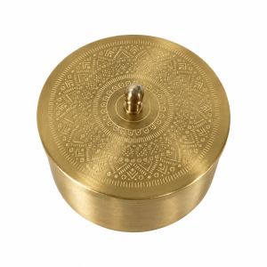 Brass storage container with lid featuring an engraved geometric pattern and central knob.