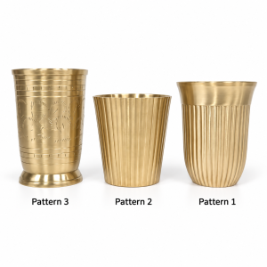 Pure brass drinking tumblers featuring distinct textured patterns with a gold finish.