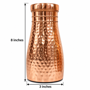 Hammered copper water bottle with a glossy finish, measuring approximately 8 inches tall and 3 inches wide