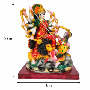 Multicolored PoP figurine of the Goddess Durga as Mahishasura Mardini, slaying the demon while riding her lion.