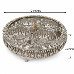 A decorative German silver round tray set featuring four matching ornate bowls with see-through lid.