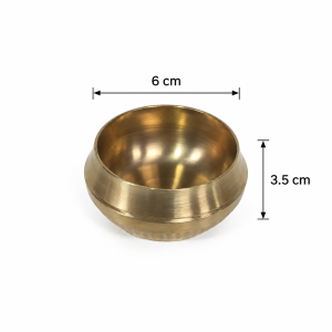 A small brass bowl with a center ridge and dimensions of approximately 6 cm in diameter and 3.5 cm in height