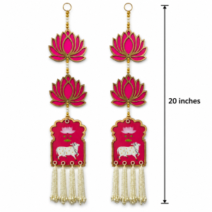 A pair of pink lotus and cow motif door hangings, measuring approximately 20 inches in length